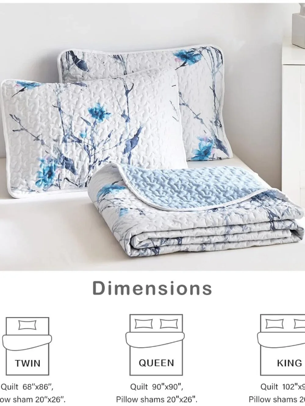 Botanical Quilt Set 2 Pieces Twin Size, Blue Flower Branch on White Reversible B